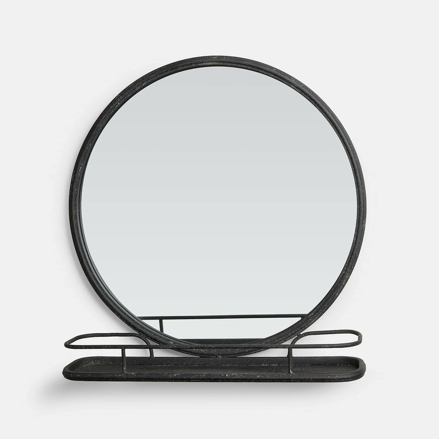 Spiegel Zentros Runder Spiegel aus schwarzem Metall mit Ablagefach, modernes Design für Flur oder Bad