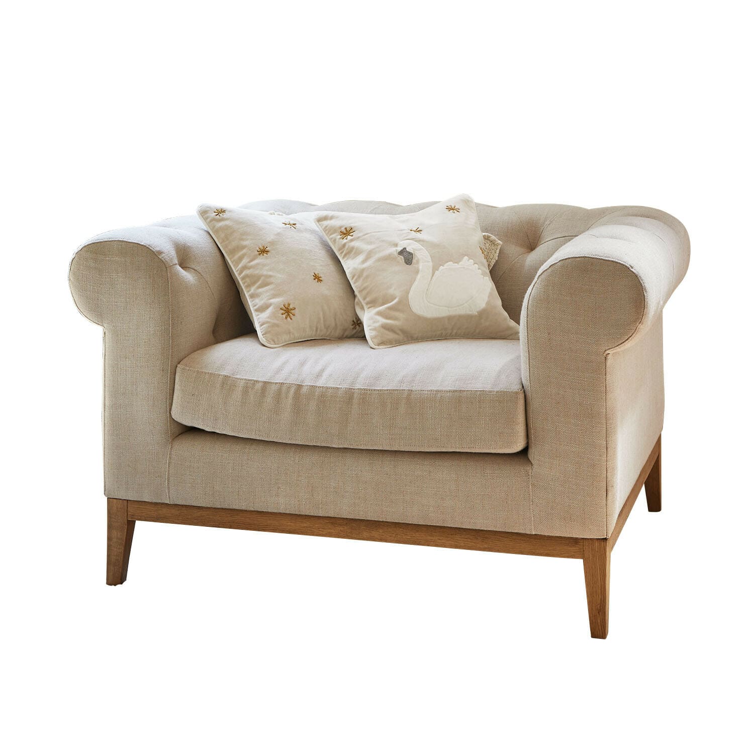 Sessel Fairbourne Beiges Sofa aus Stoff mit Holzgestell und zwei dekorativen Kissen mit Schwan-Stickerei