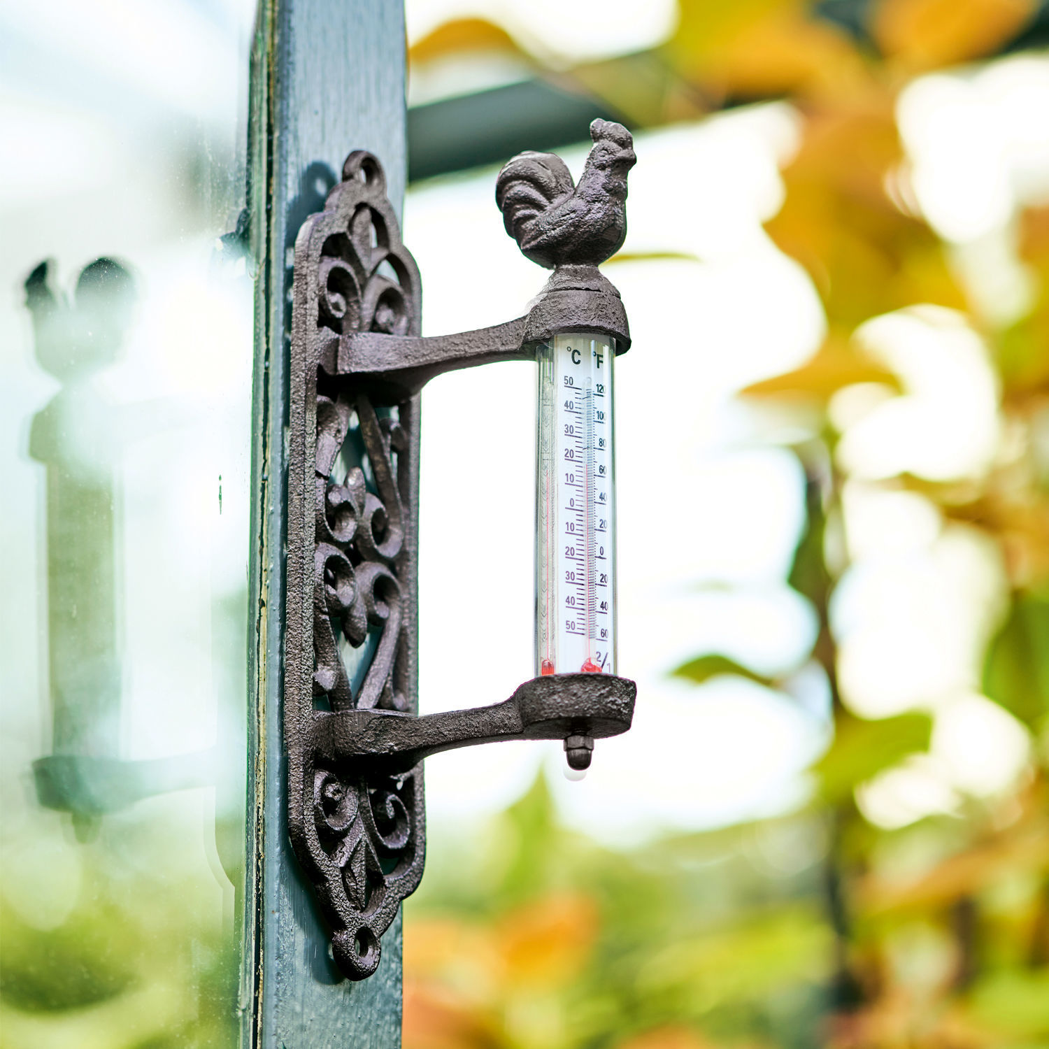 Thermometer Seraux Dekorativer schwarzer Guss-Thermometer mit Hahnfigur zum Anbringen an der Wand