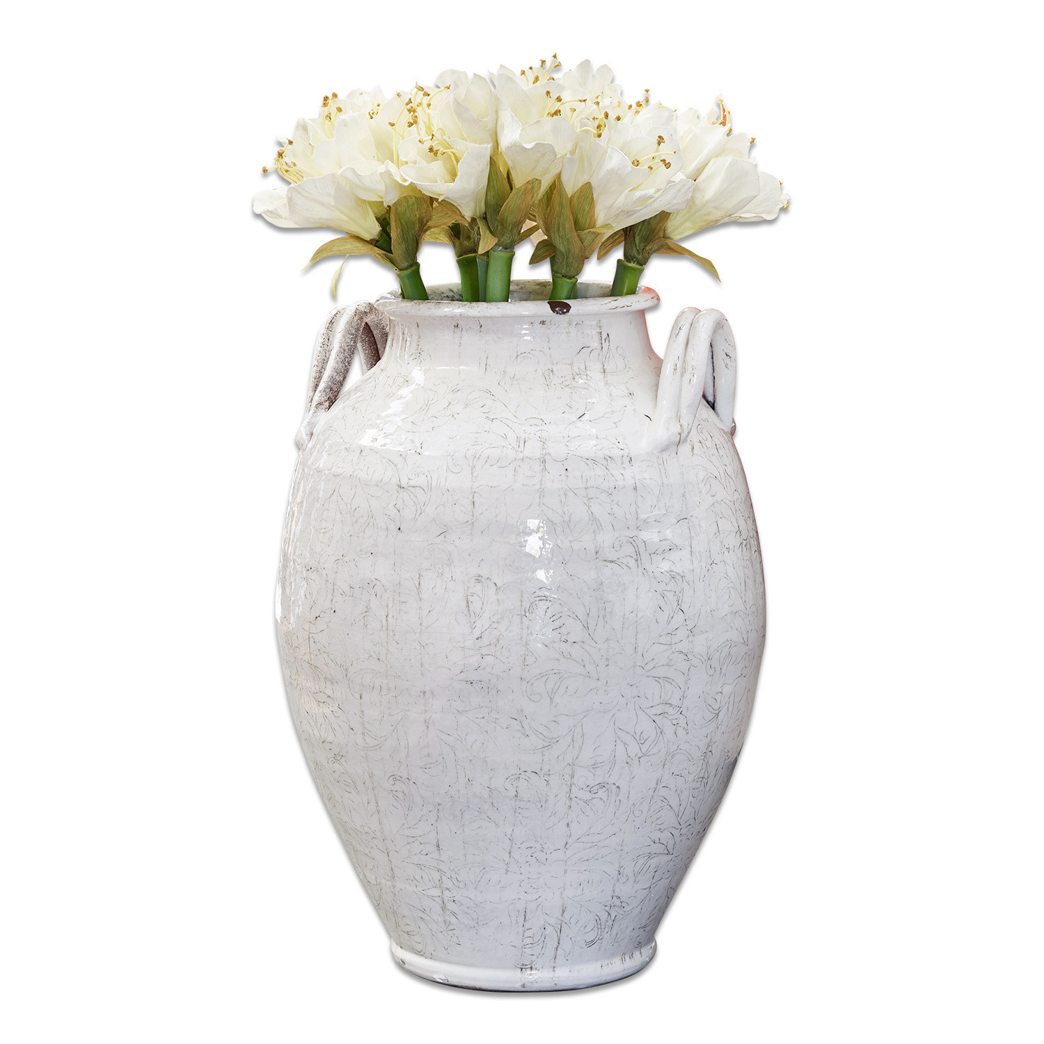 Weiße Keramikvase mit feinem Muster und künstlichen weißen Blumen zur Wohnraumdekoration