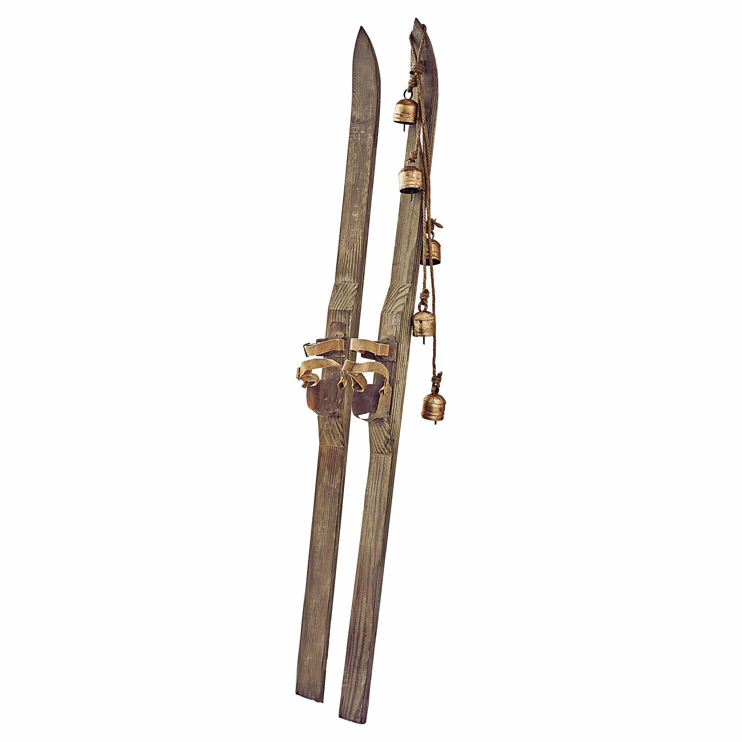 Braune Holzski mit Metallglocken an Schnur, dekorativer Vintage-Wandbehang im Landhausstil