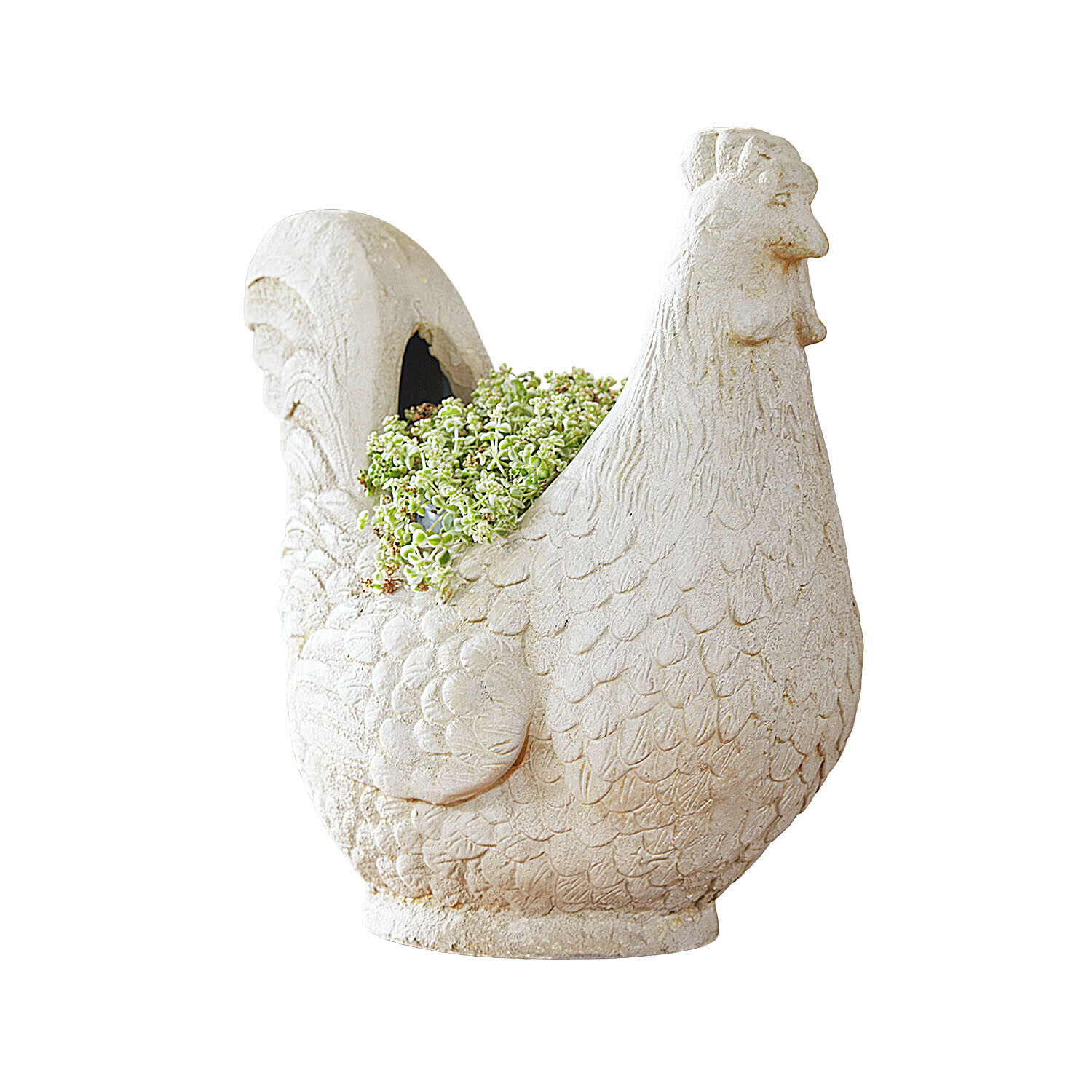 Übertopf Chêne d'Argent Weisse Steingartenfigur in Hühnerform mit grüner Pflanze, dekorativer Blumentopf