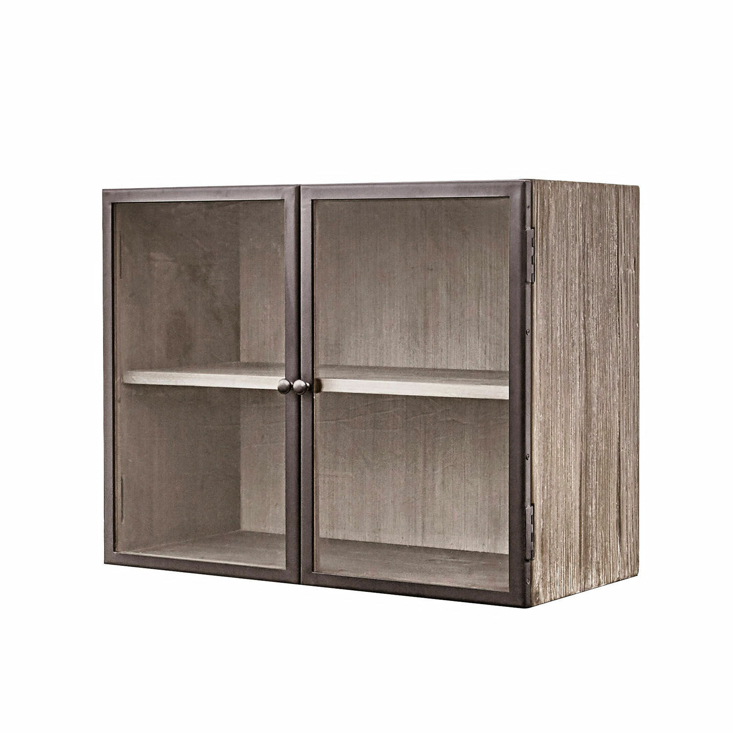 Grauer Holz-Wandschrank mit Glastüren und Metallrahmen zur Aufbewahrung