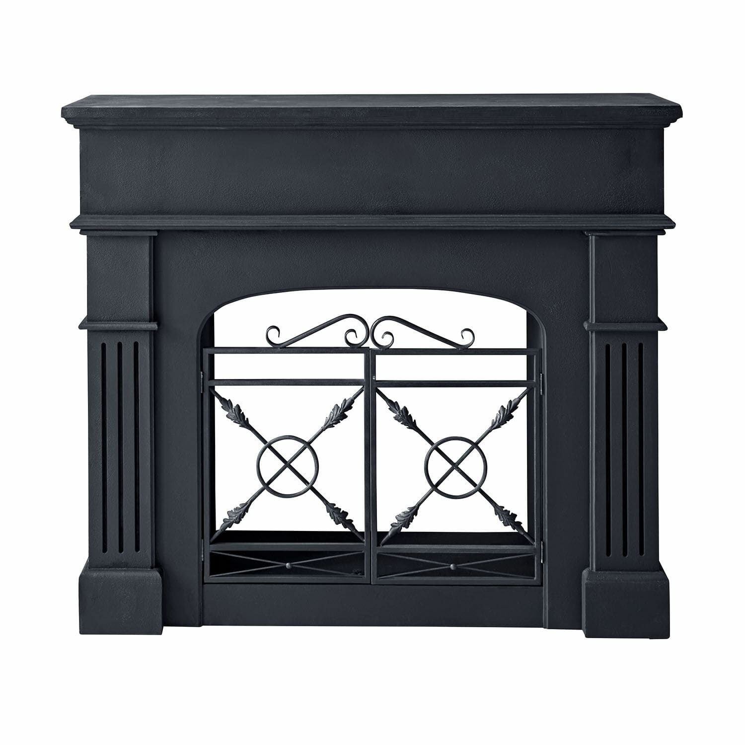 Schwarzer Kamin mit Metallgitter und Blattverzierung, klassisches Design fürs Wohnzimmer