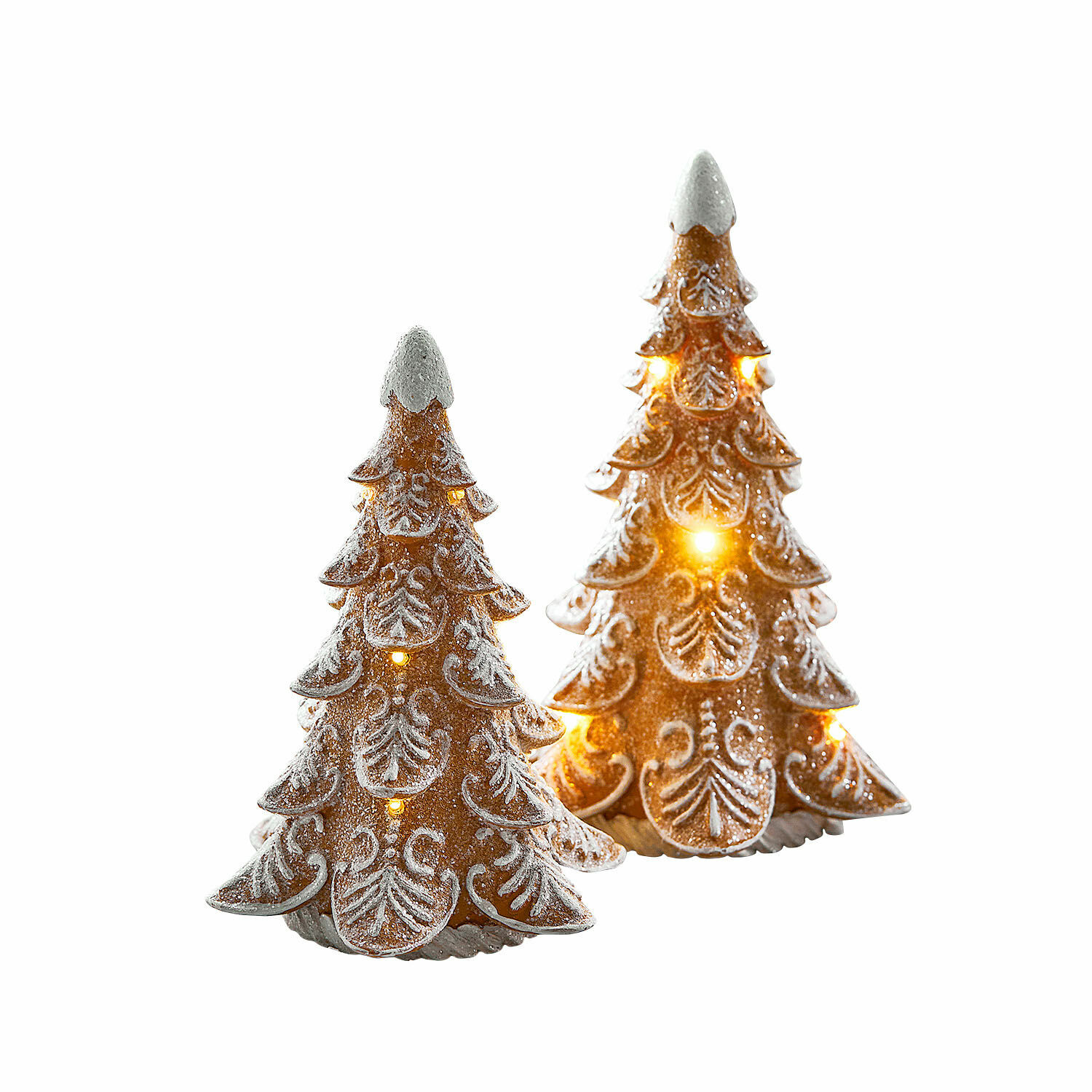 LED-Baum 2er Set Anyama Zwei braune Keramik-Weihnachtsbäume mit LED-Beleuchtung und weißem Schneeeffekt, festliche Dekoration