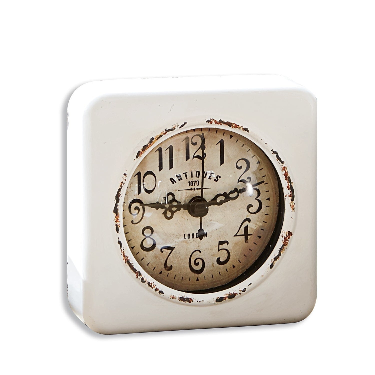 Uhr Gervase Vintage Tischuhr mit weißem Metallgehäuse und gealtertem Zifferblatt mit arabischen Zahlen