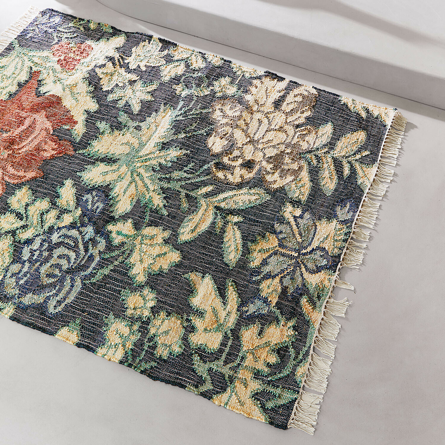 Teppich Nayiral Baumwollteppich mit buntem Blumenmuster und Fransen, Vintage-Stil Wohnaccessoire