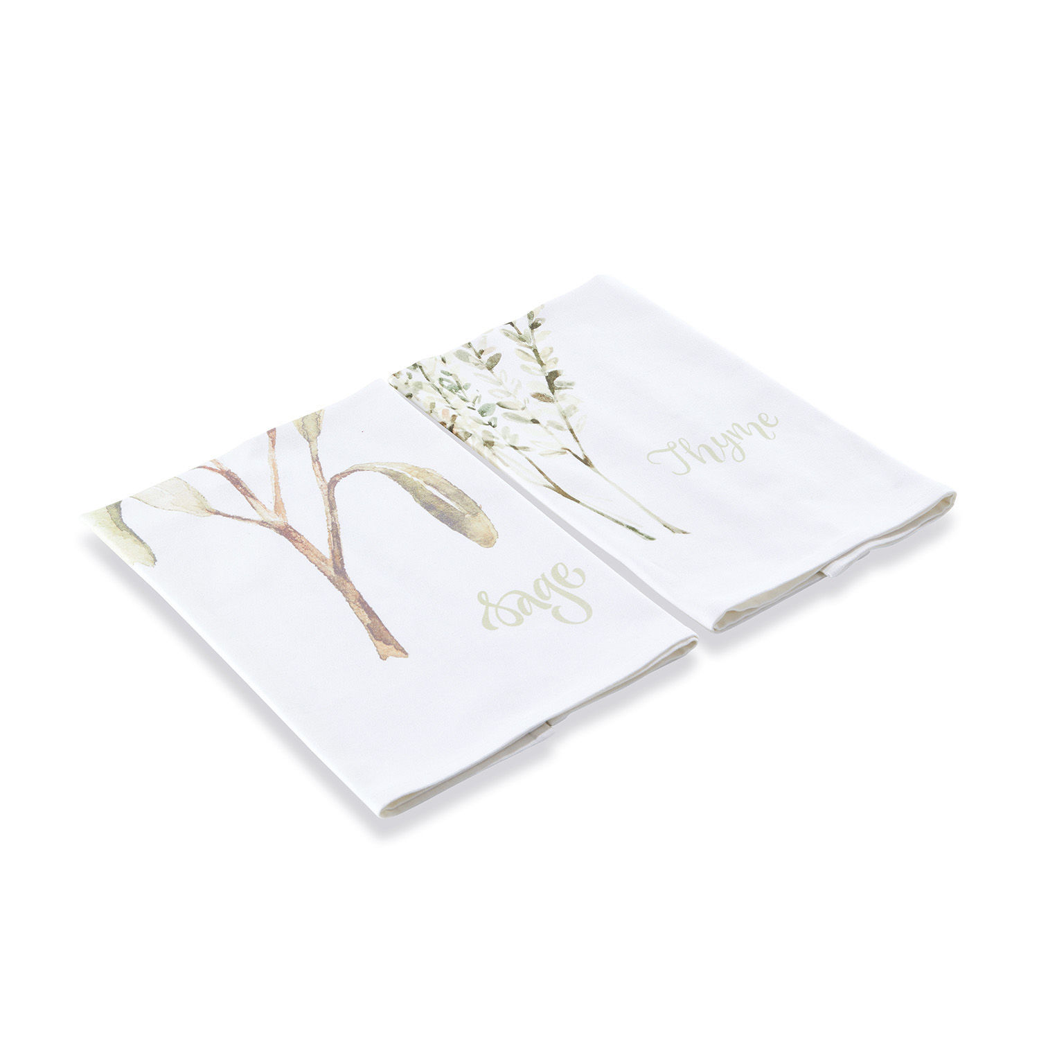 Set aus zwei weißen Baumwoll-Geschirrtüchern mit Salbei- und Thymian-Motiv für die Küche