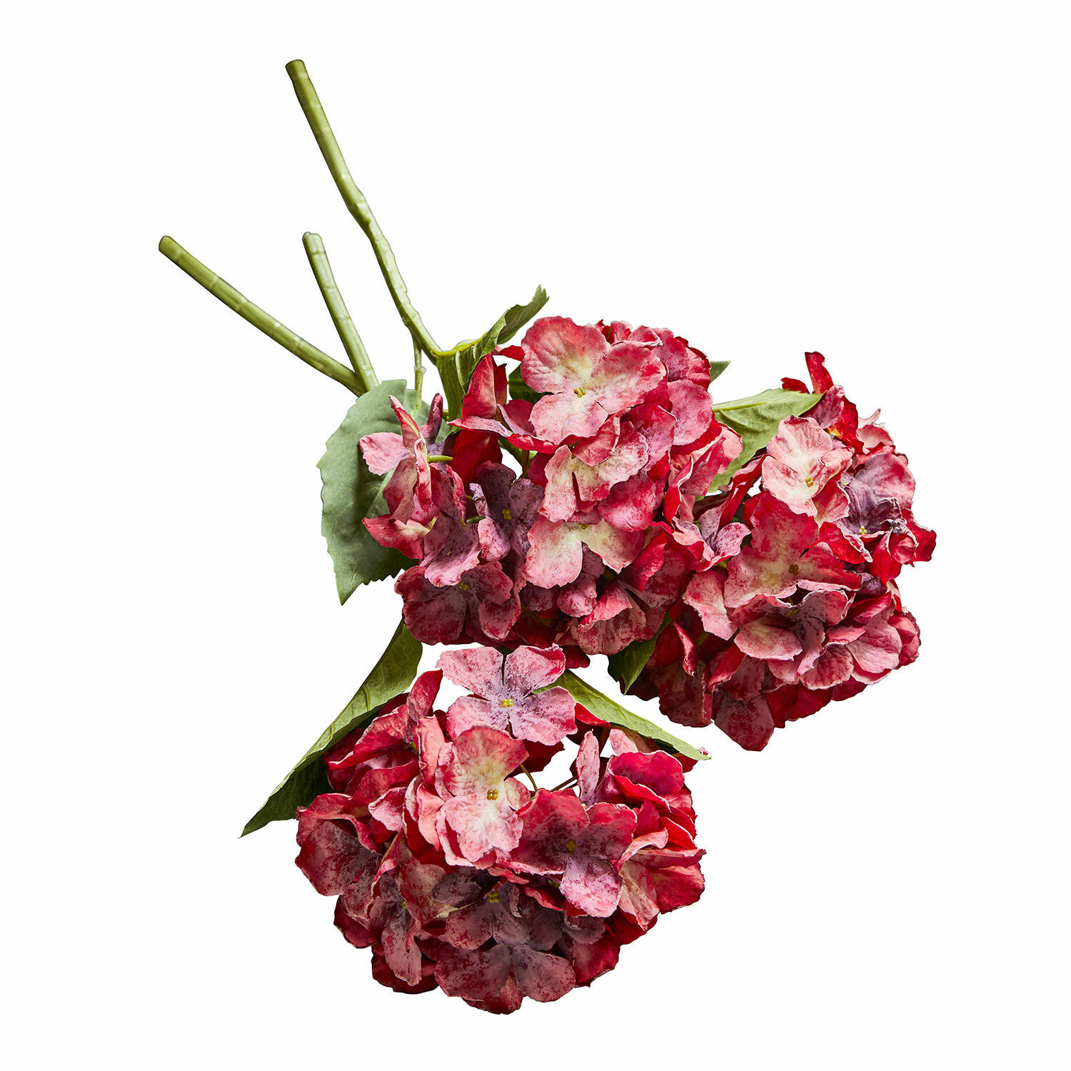 Deko-Blume 3er Set Virette Kunsthortensien-Bündel in Rot-Rosa mit grünen Blättern für Wohnraumdekoration