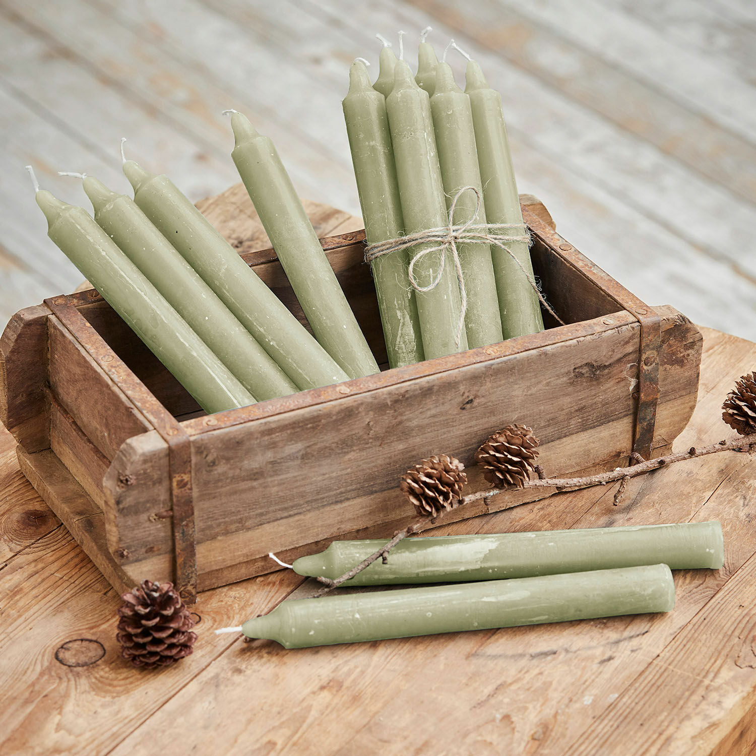 Kerze 12er Set Bauceau Set grüne Wachskerzen in Holzkiste auf rustikalem Holztisch mit Kiefernzapfen