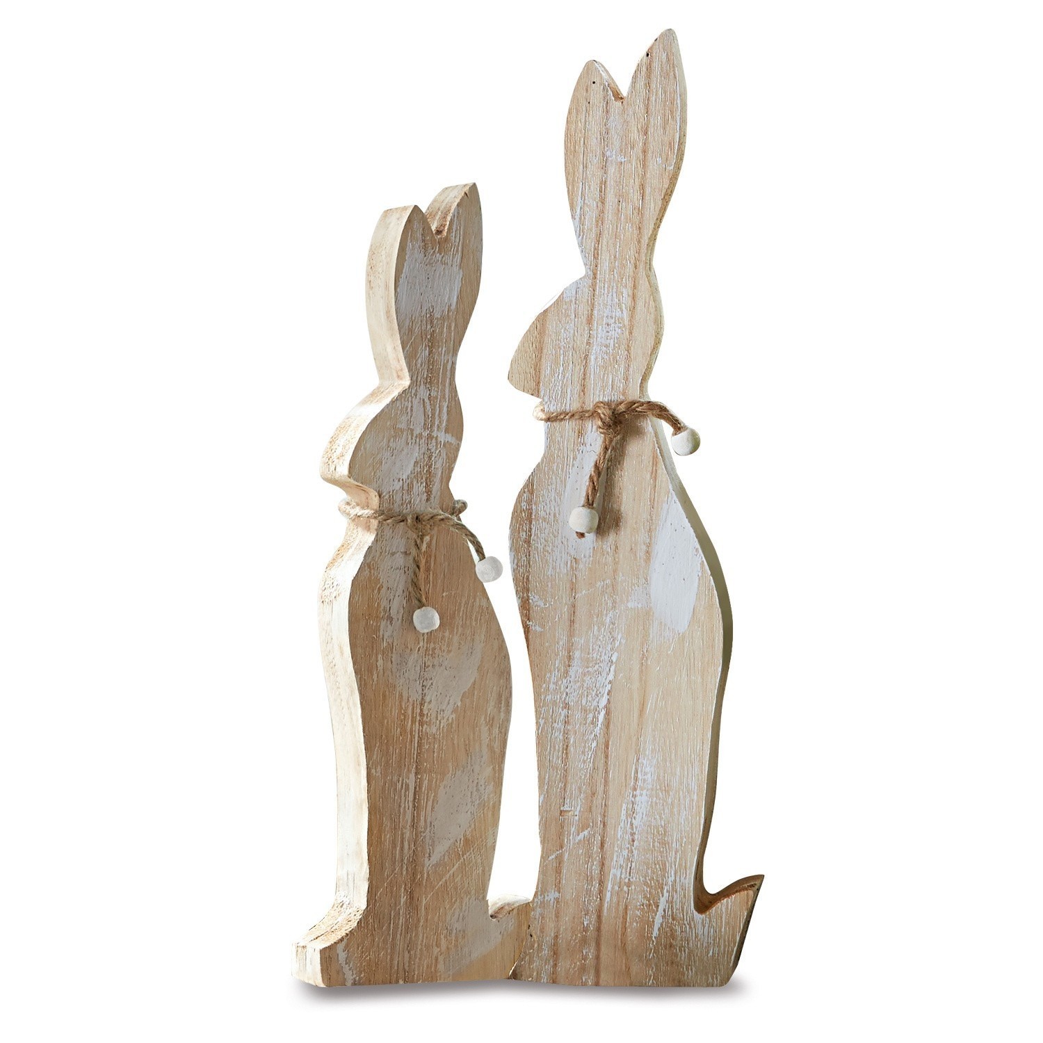 Holz-Dekohasen in Natur mit weißem Used-Look und Kordelband als Schleife verziert
