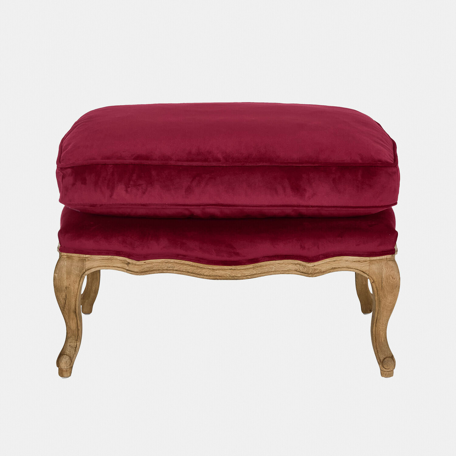 Hocker Corlay mit bordeauxrotem Samtbezug und braunem Holzgestell, elegantes Wohnzimmermöbel