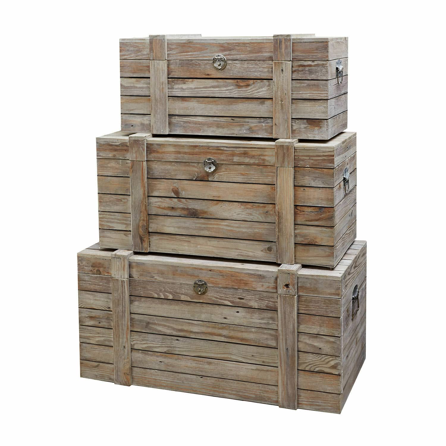 Drei naturfarbene Holzkisten als Aufbewahrung und rustikale Wohnaccessoires im Set