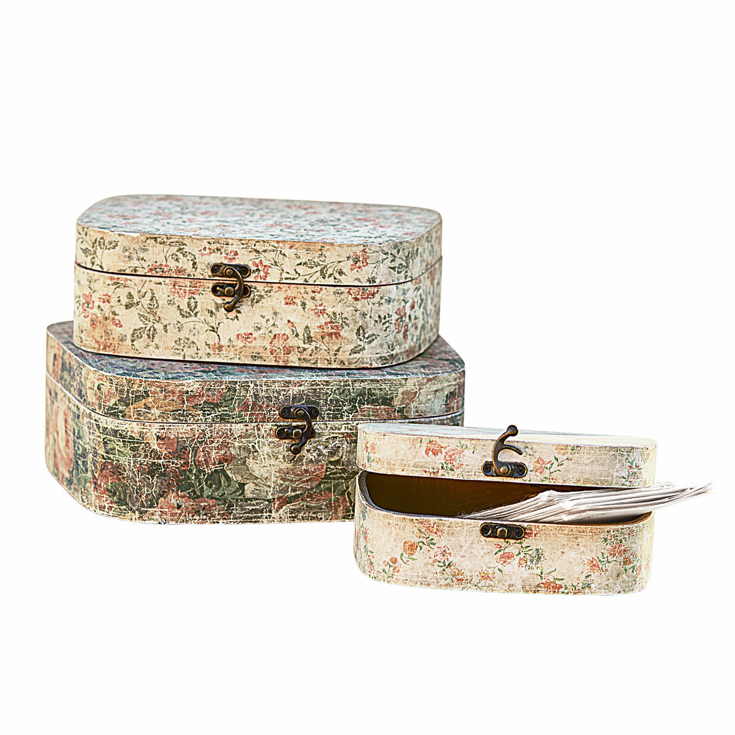 Box 3er Set Emmylou Drei dekorative Vintage-Boxen mit Metallverschlüssen und floralem Muster in Pastellfarben