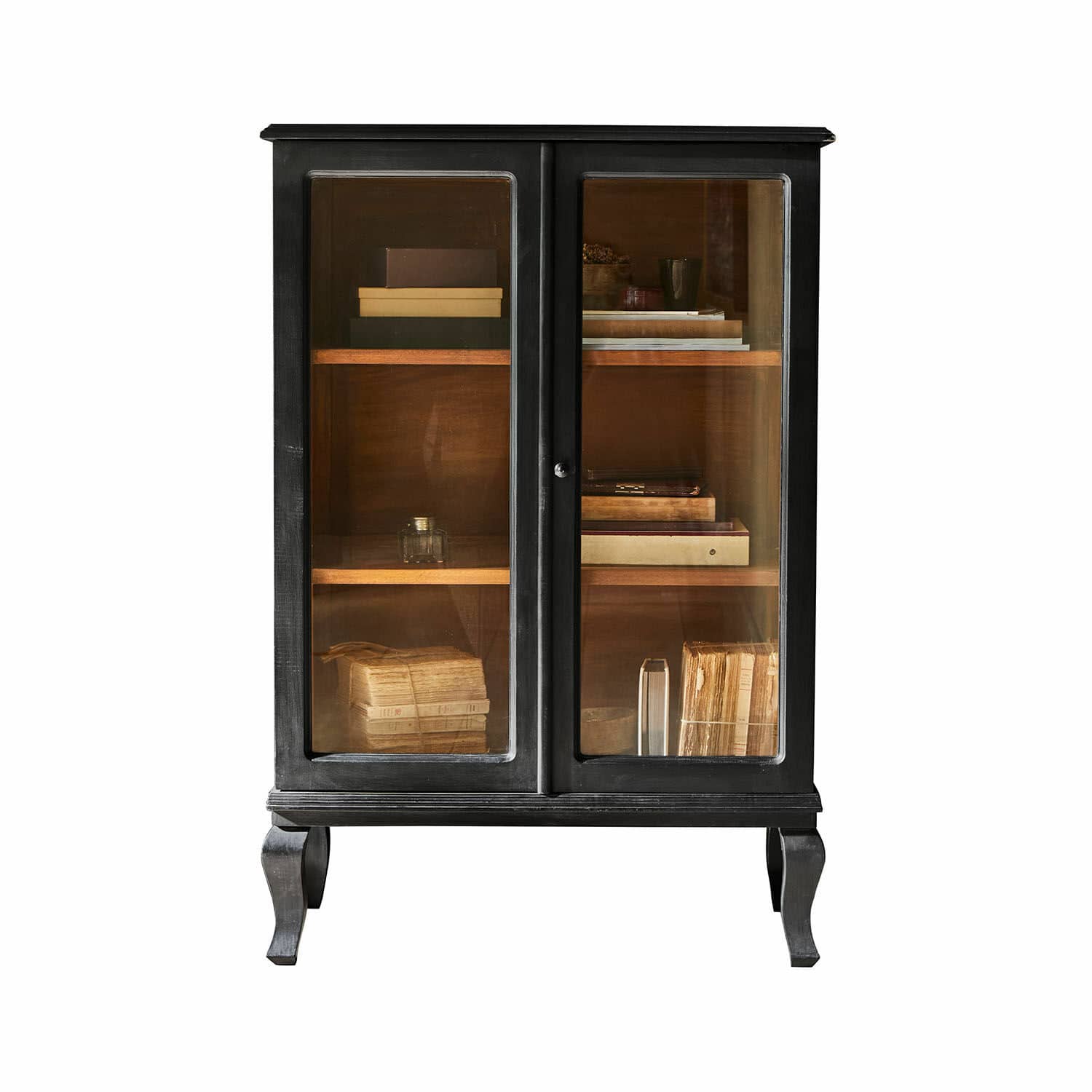 Kommode Westleigh Schwarzer Holzvitrinenschrank mit Glastüren und Regalen für Bücher und Dekoration