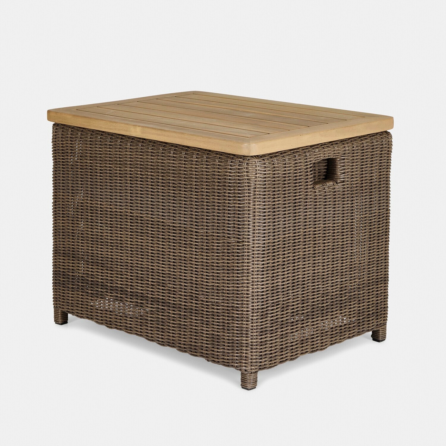 Quadratischer Gartentisch aus braunem Rattan mit hellem Holzdeckel, praktisches Terrassenmöbel