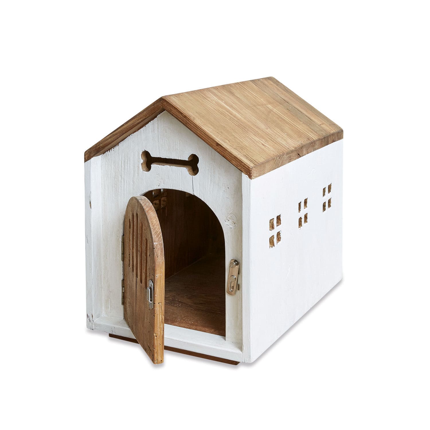 Holz-Hundehütte in Weiß und Natur mit aufklappbarer Tür und Knochen-Dekor