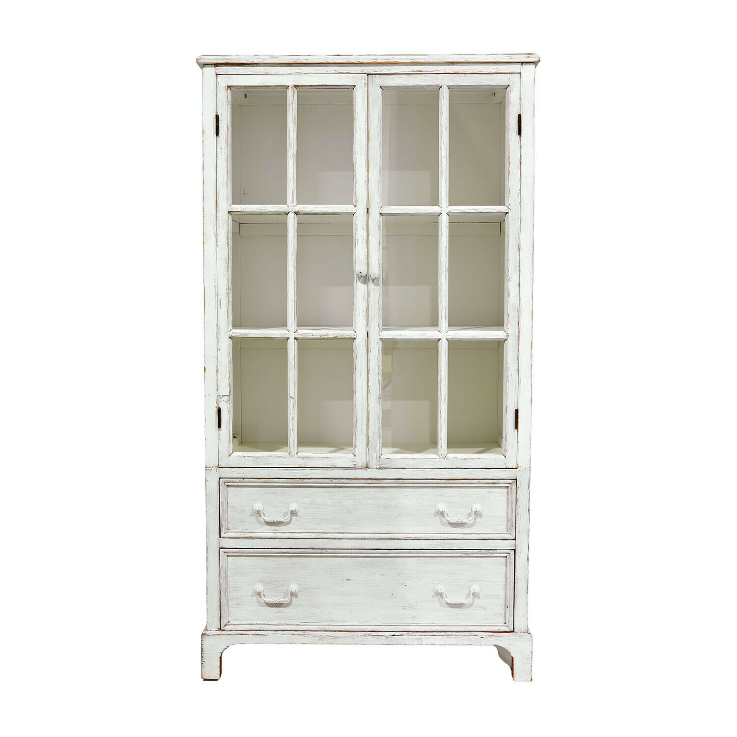 antikweiß Weißer Holzschrank Jarrowfield mit Glastüren und zwei Schubladen im Vintage-Stil