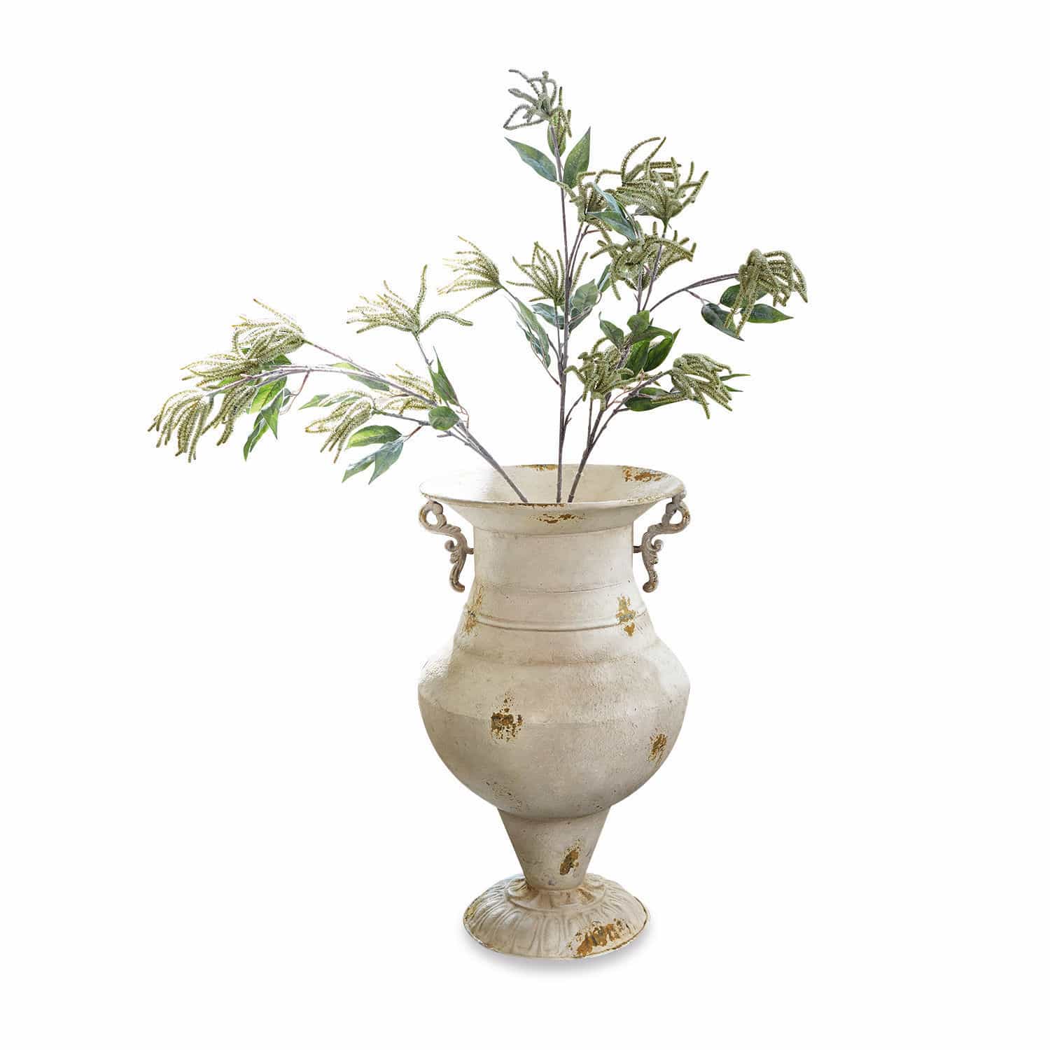 Dekorativer Metallvase in Creme mit grünen Zweigen für Innen- und Außenbereich