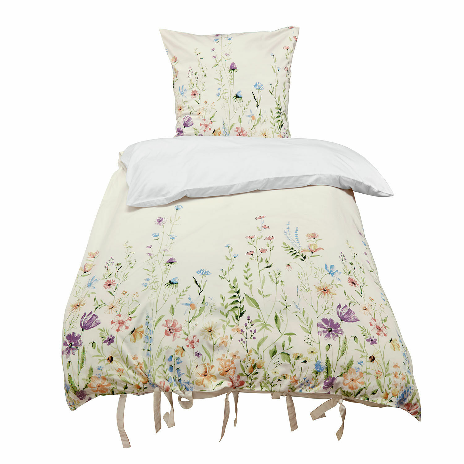 Bettwäsche Quervaux Bettwäsche aus Baumwolle in Creme mit buntem Blumenmuster und Bindebändern unten