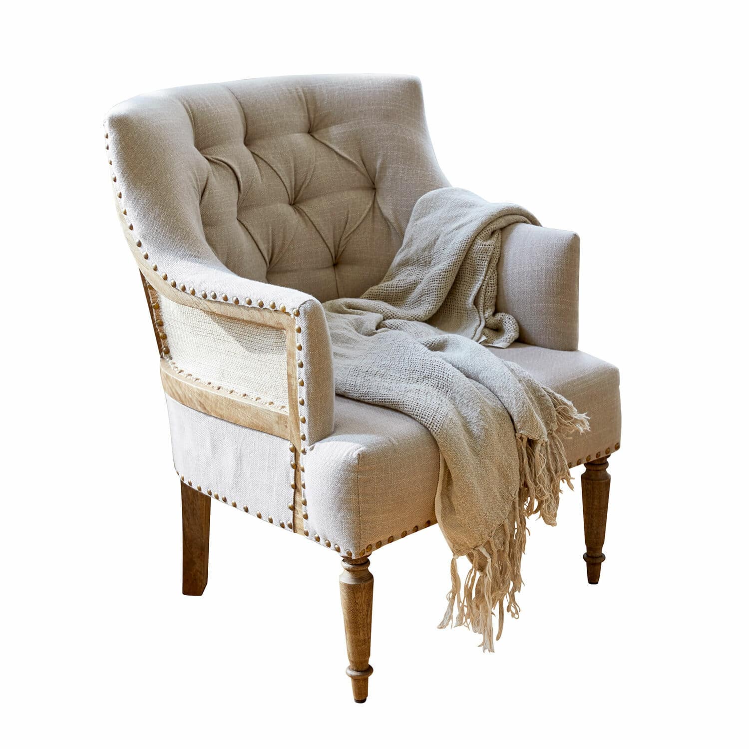 Sessel Bebington Beiger Polsterstuhl mit Holzbeinen und weichem Plaid, Vintage-Stil für gemütliches Wohnzimmer