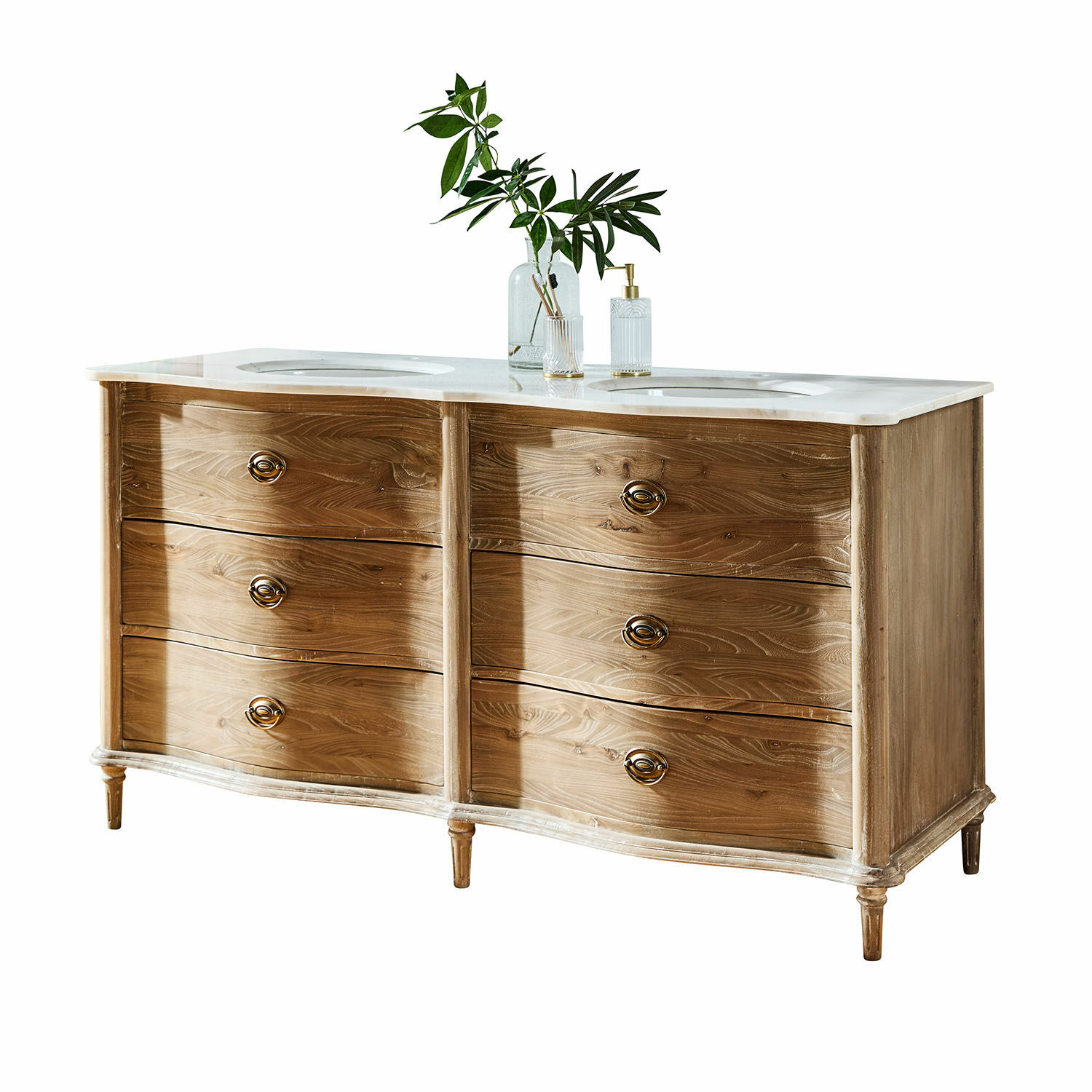 Doppelwaschtisch Joravelle Holz-Badezimmerkommode mit Marmorplatte und zwei Waschbecken, natürliche Holzfarbe