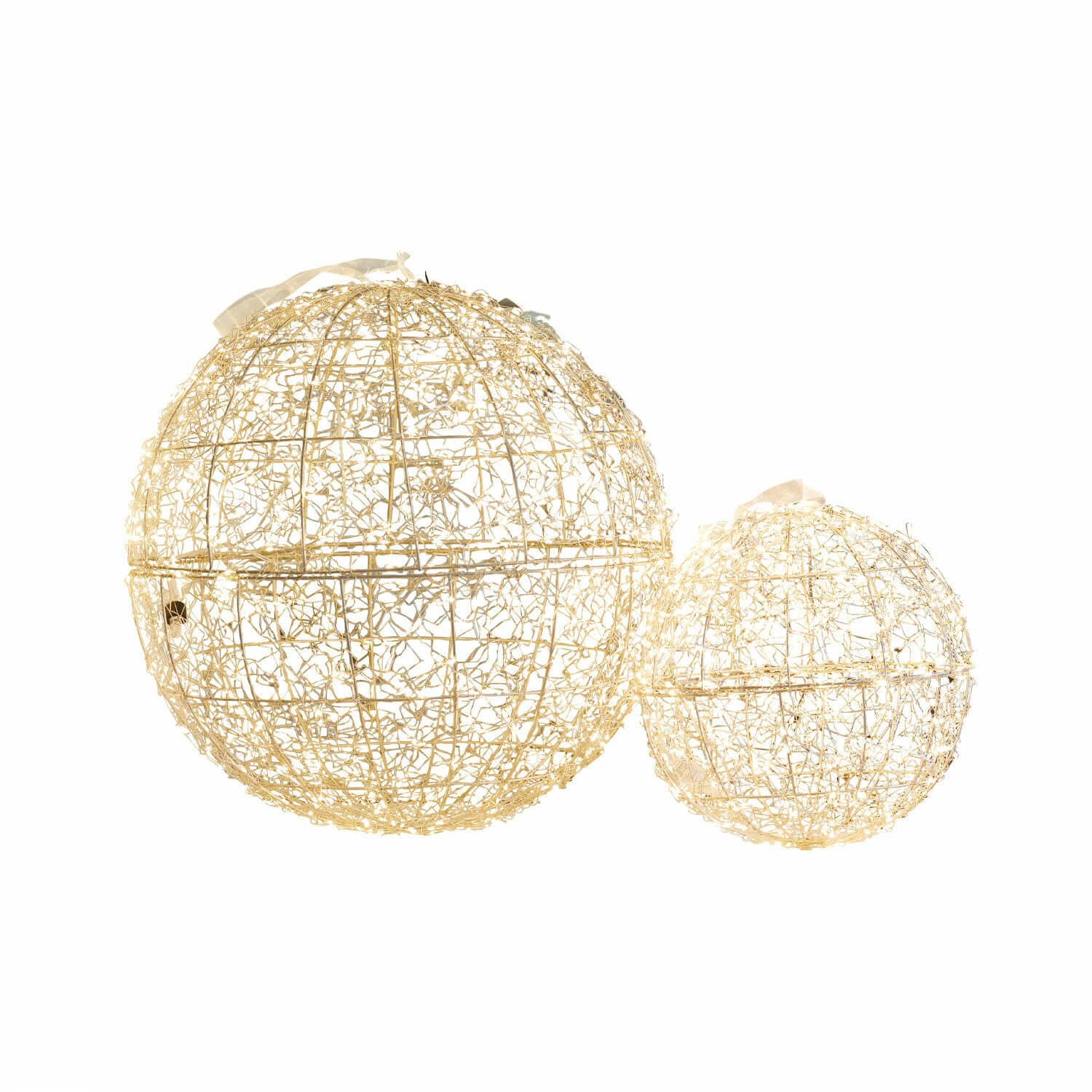 LED-Kugel 2er Set Ambertin Zwei dekorative goldfarbene Drahtkugeln mit Beleuchtung, ideal für Innenraumdekoration und Lichtakzente.