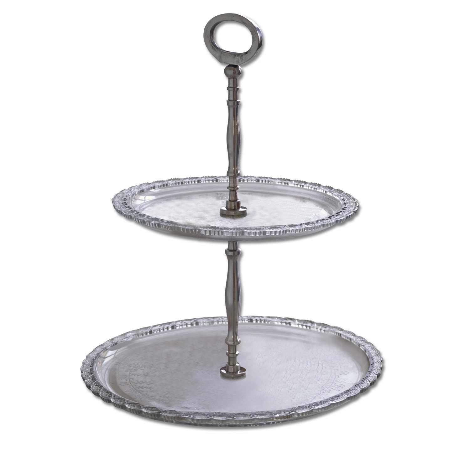 Zweistöckige Metall-Etagere in Silber mit dekorativem Rand zum Servieren von Snacks