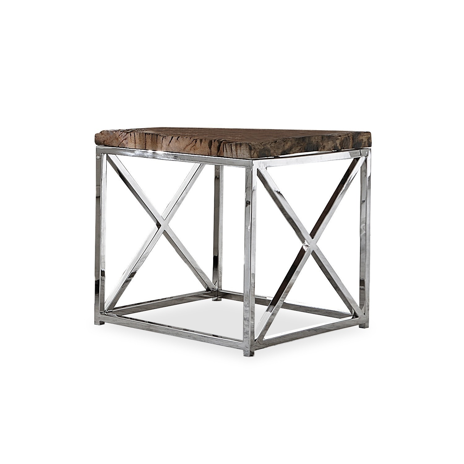 Quadratischer Beistelltisch mit dunkler Holzplatte und silbernem Metallgestell im modernen Design