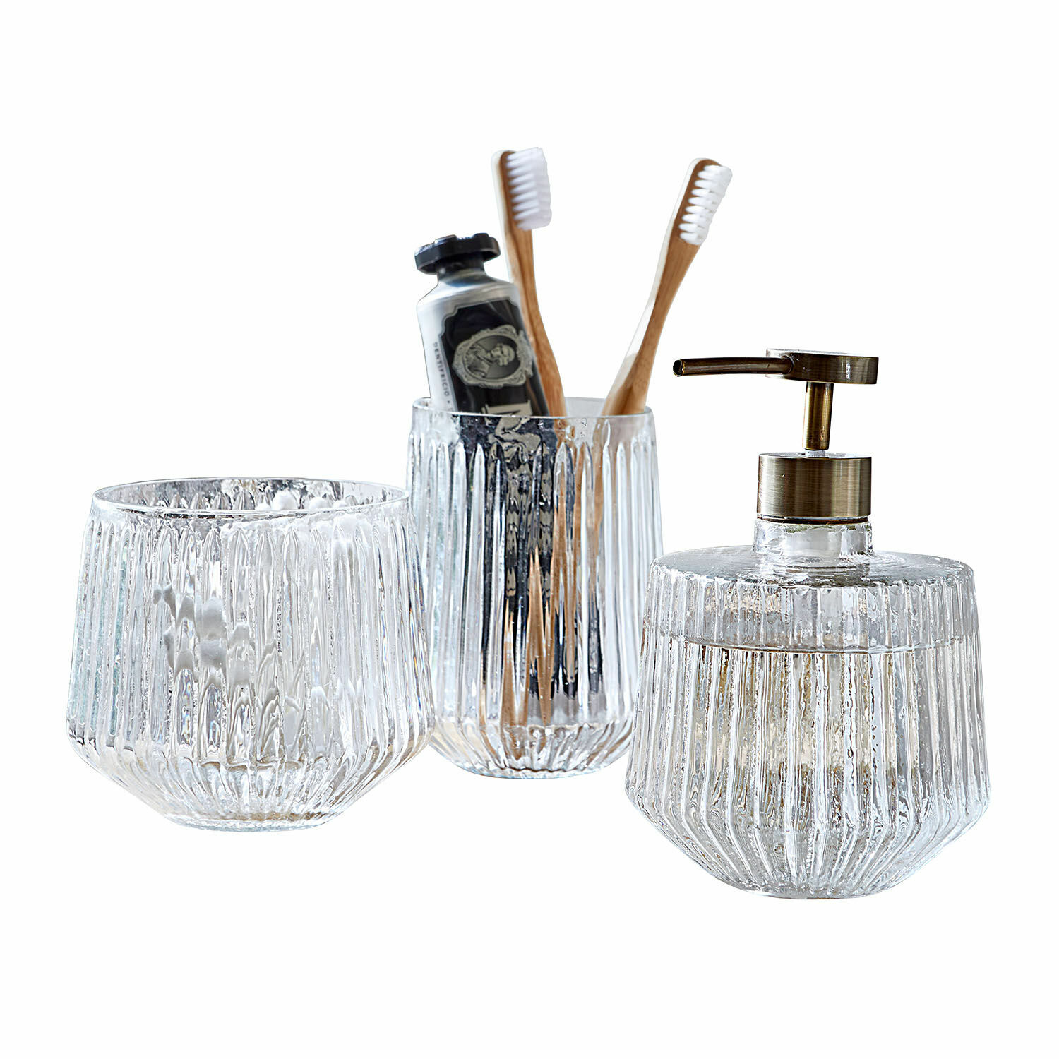 Transparentes Glas-Badezimmer-Set mit Seifenspender und Zahnputzbecher für Badaccessoires