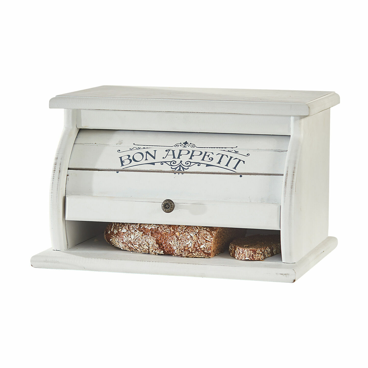 Brotbox Bon Appetit Weißer Brotkasten aus Holz mit Aufschrift Bon Appetit und Stauraum für Brot im Landhausstil