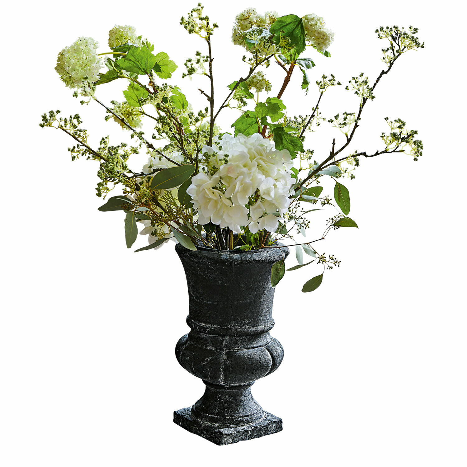 Schwarze Keramikvase mit weißen Blumen und grünen Blättern als Wohnaccessoire