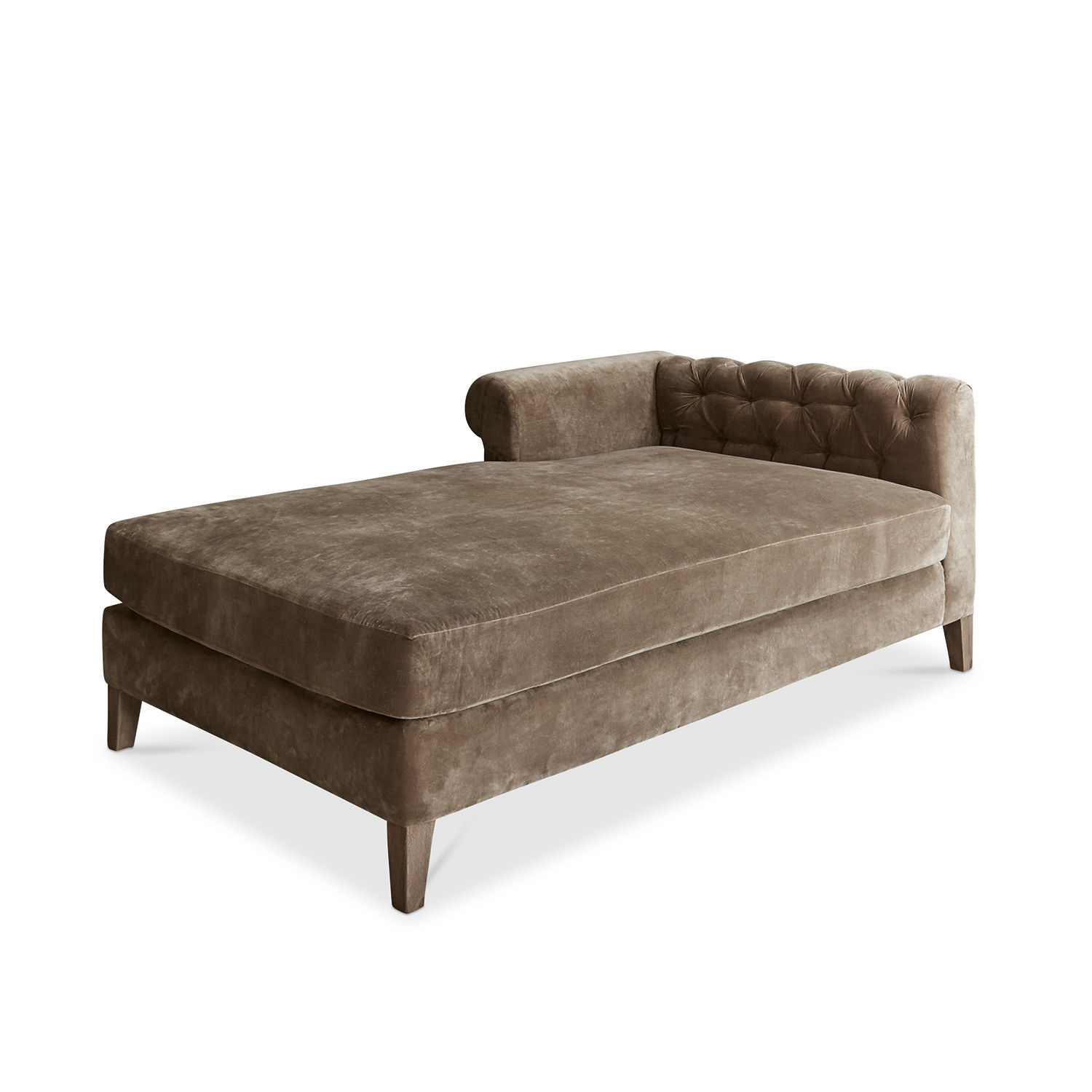 Samtbezogene braune Chaiselongue mit gestepptem Rücken und Holzbeinen für Wohnzimmer