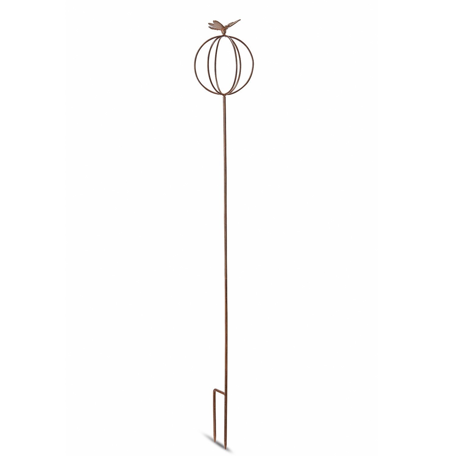 Gartenstab Libelle Gartendeko aus rostigem Metall mit kugelförmiger Verzierung und Vogel oben