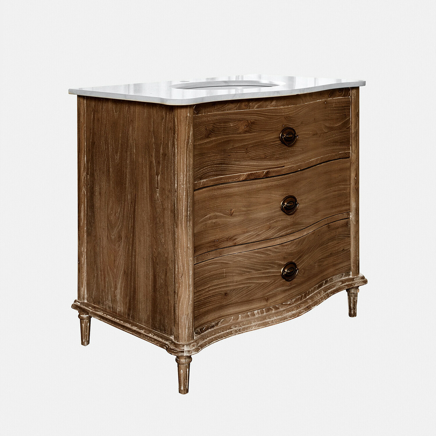 Waschtisch Joravelle Holzkommode mit drei Schubladen und weißer Marmorplatte, elegantes Wohnzimmermöbel