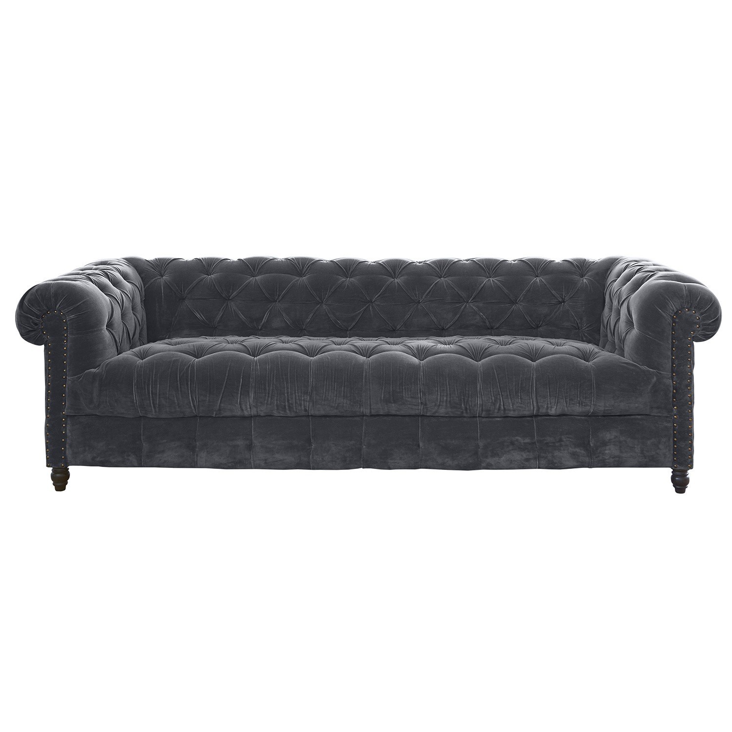 Sofa Parpeville Graues Chesterfield-Samtsofa mit gesteppter Rückenlehne und Holzbeinen, elegantes Wohnzimmermöbel