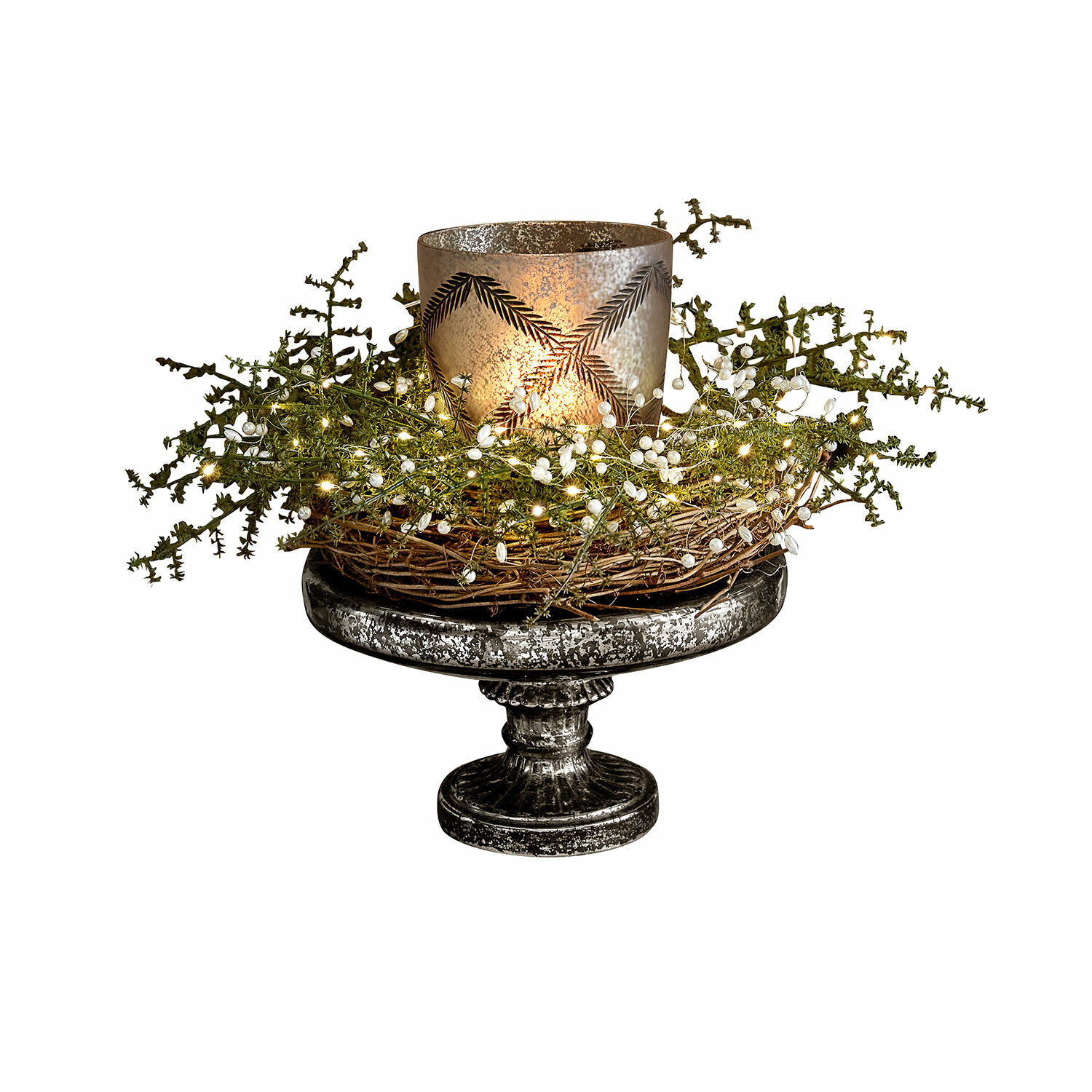 Etagere Incantesse Dekorativer Glas-Metall-Kerzenhalter mit grünen Zweigen und weißen Dekorationen auf Sockel