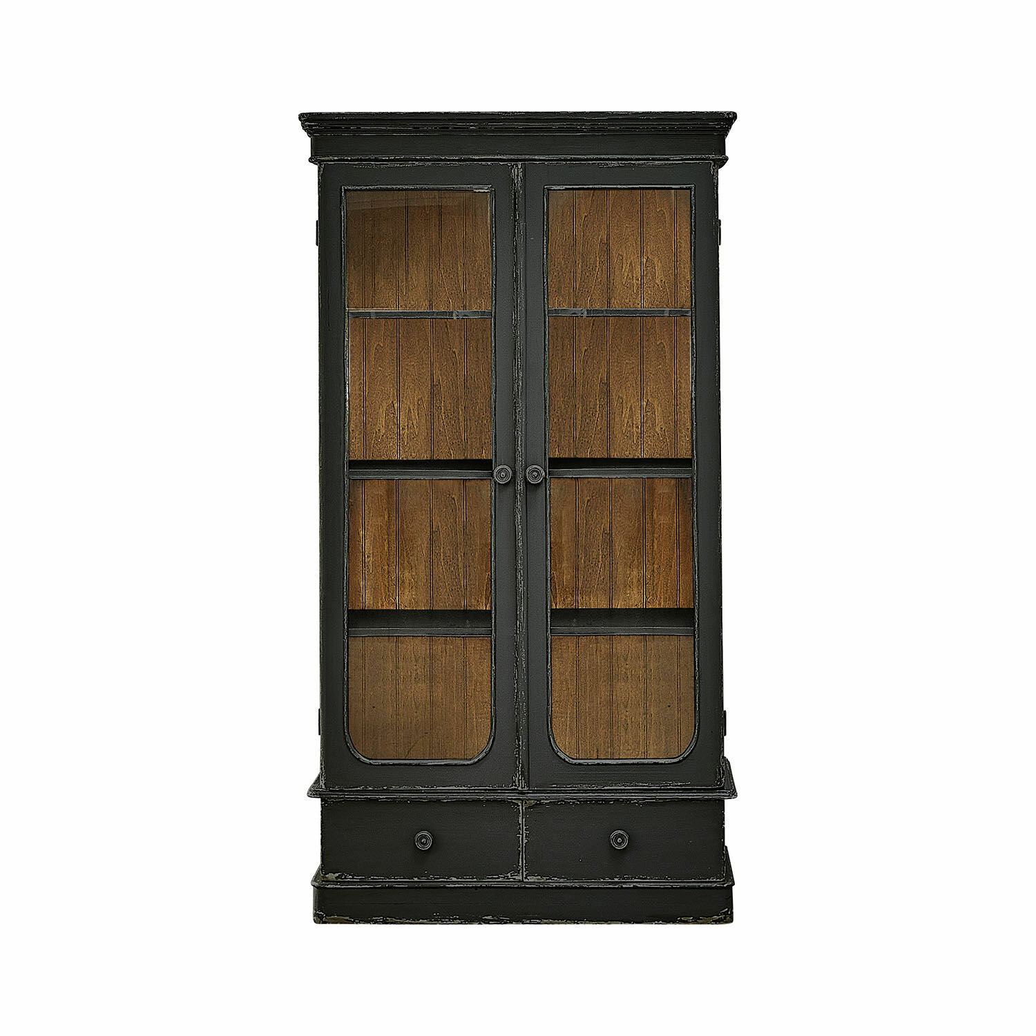 antikschwarz Antikschwarzer Holzschrank Cassanet mit Glastüren und Schubladen im Vintage-Stil