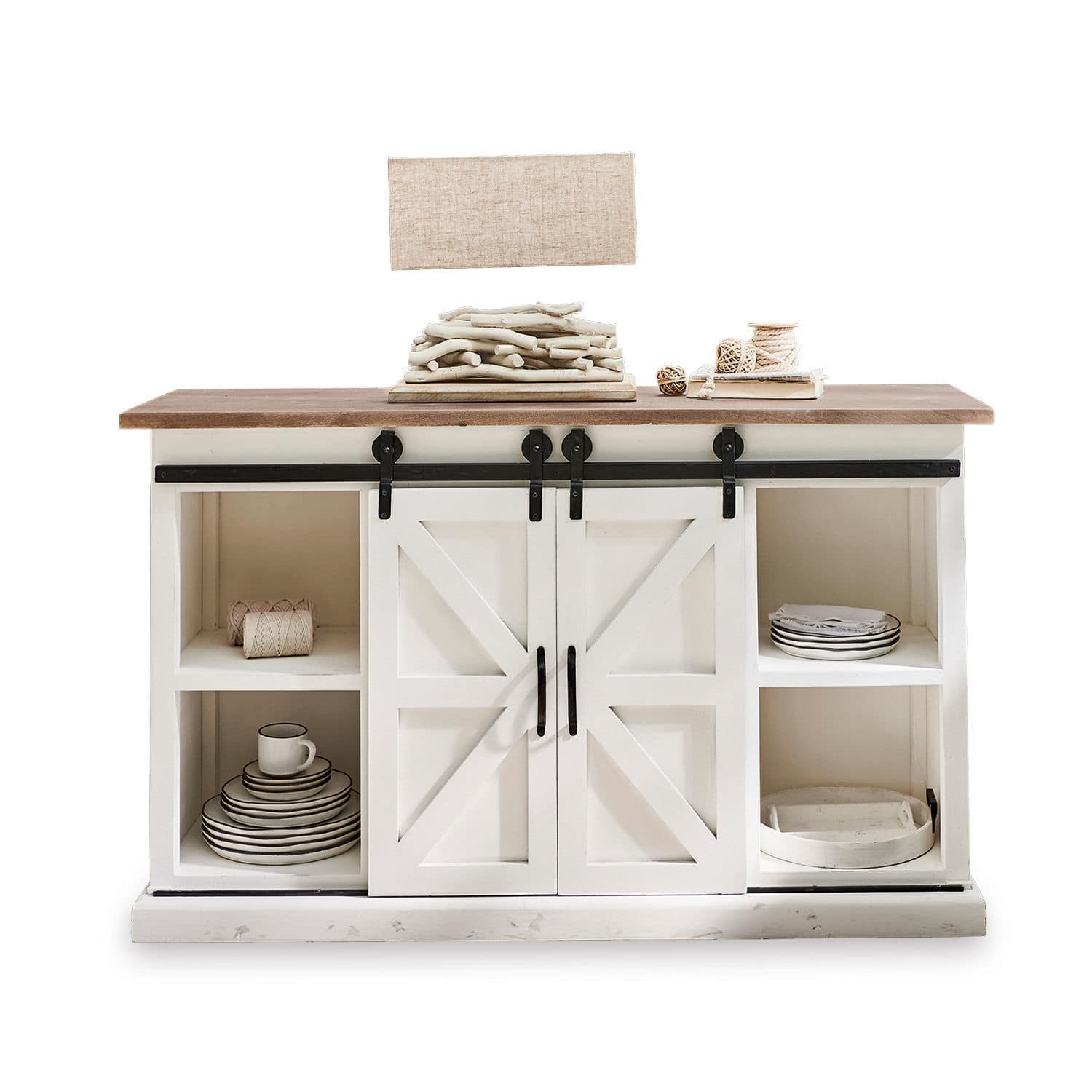 Weiße Holzkommode mit Schiebetüren und Naturholzplatte, Wohnzimmermöbel im Landhausstil