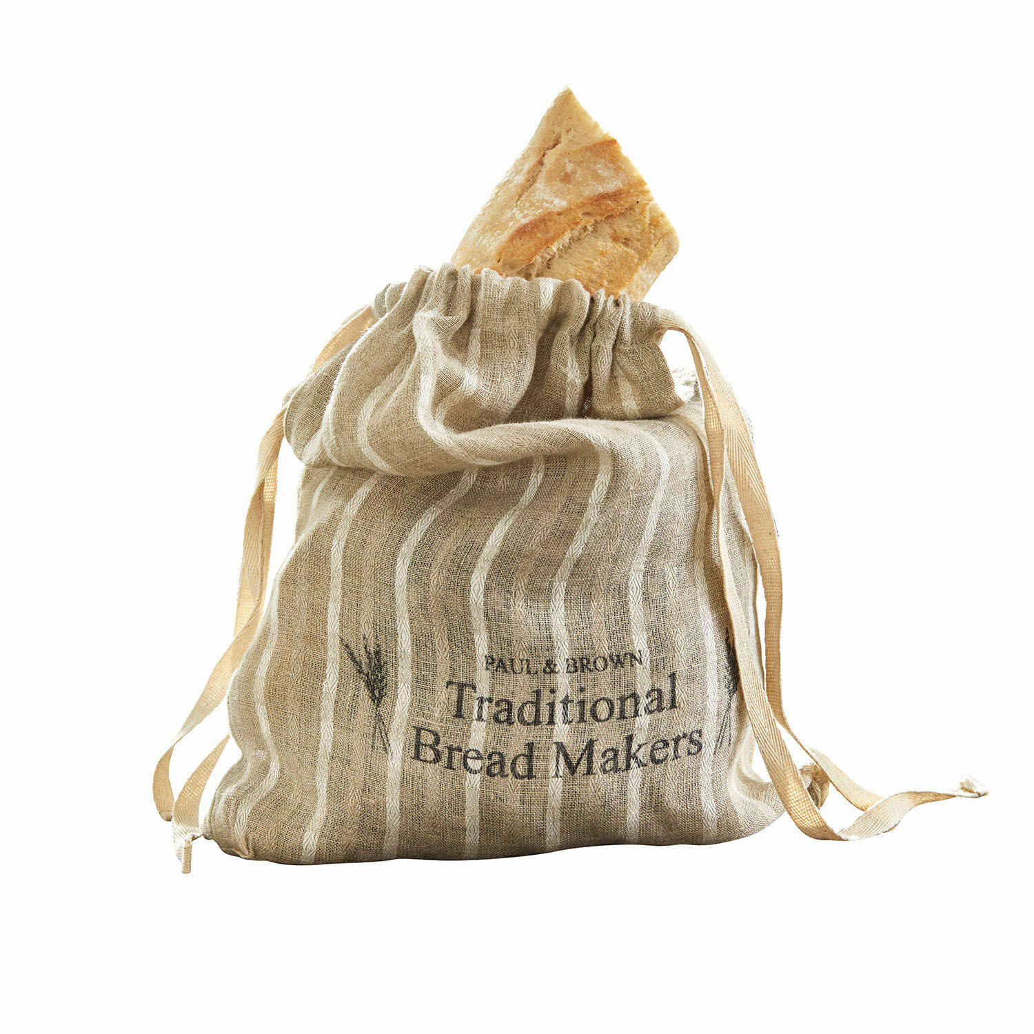 Leinen-Brotbeutel in Beige mit Streifen und Aufdruck Traditional Bread Makers, gefüllt mit Brot
