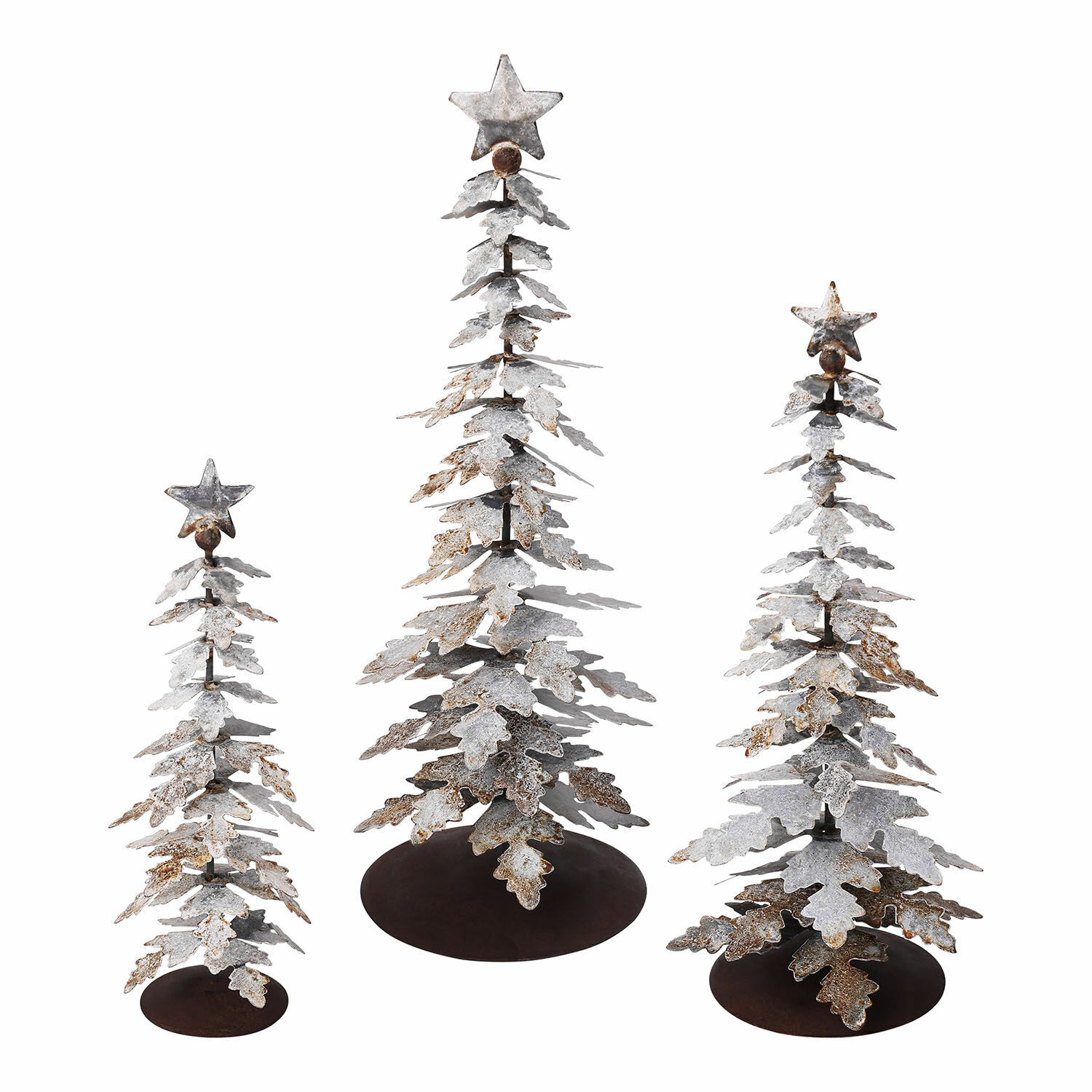 Deko-Baum 3er Set Laruns Set aus drei dekorativen Metall-Weihnachtsbäumen mit Sternen, silber-braune Weihnachtsdeko