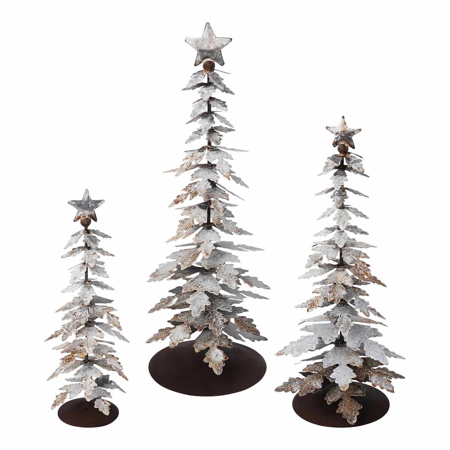 Deko-Baum 3er Set Laruns Set aus drei dekorativen Metall-Weihnachtsbäumen mit Sternen, silber-braune Weihnachtsdeko