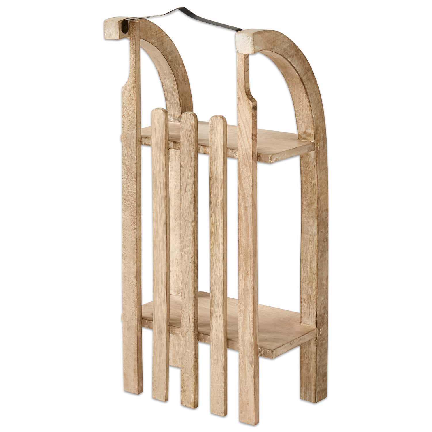 Regal Renier Holzständer aus Naturholz mit zwei Ablagen und Metallgriff zur Holzlagerung im rustikalen Stil