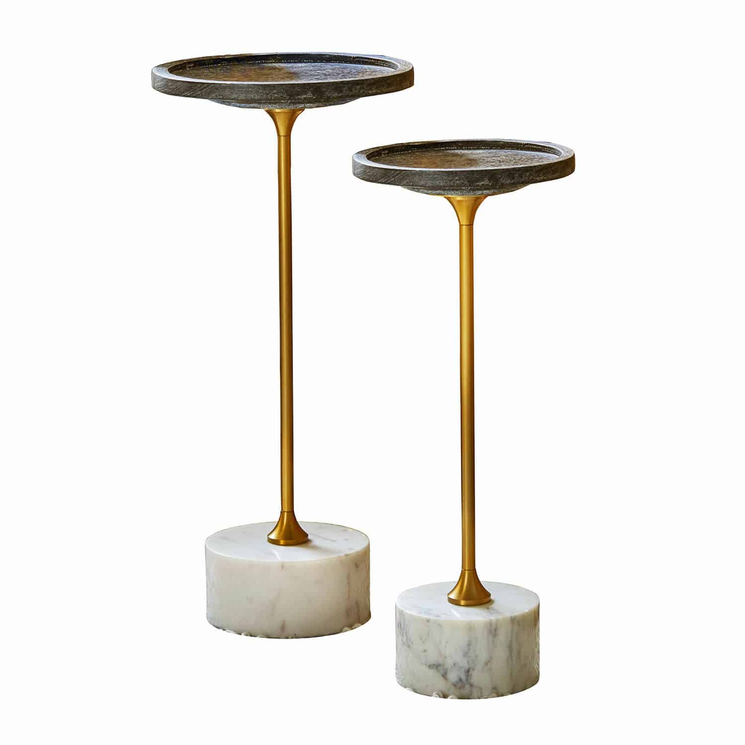 Zweier-Set Beistelltische mit Marmorfuß, goldfarbenem Metallgestell und schwarzen Ablagen
