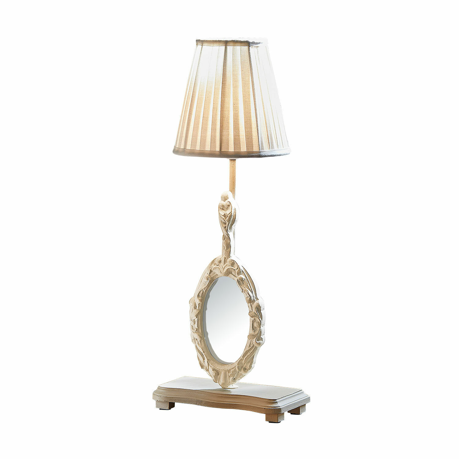 Tischlampe mit Spiegel Brannach Tischlampe aus weißem Holz mit Lampenschirm und verziertem ovalem Spiegel im Vintage-Stil
