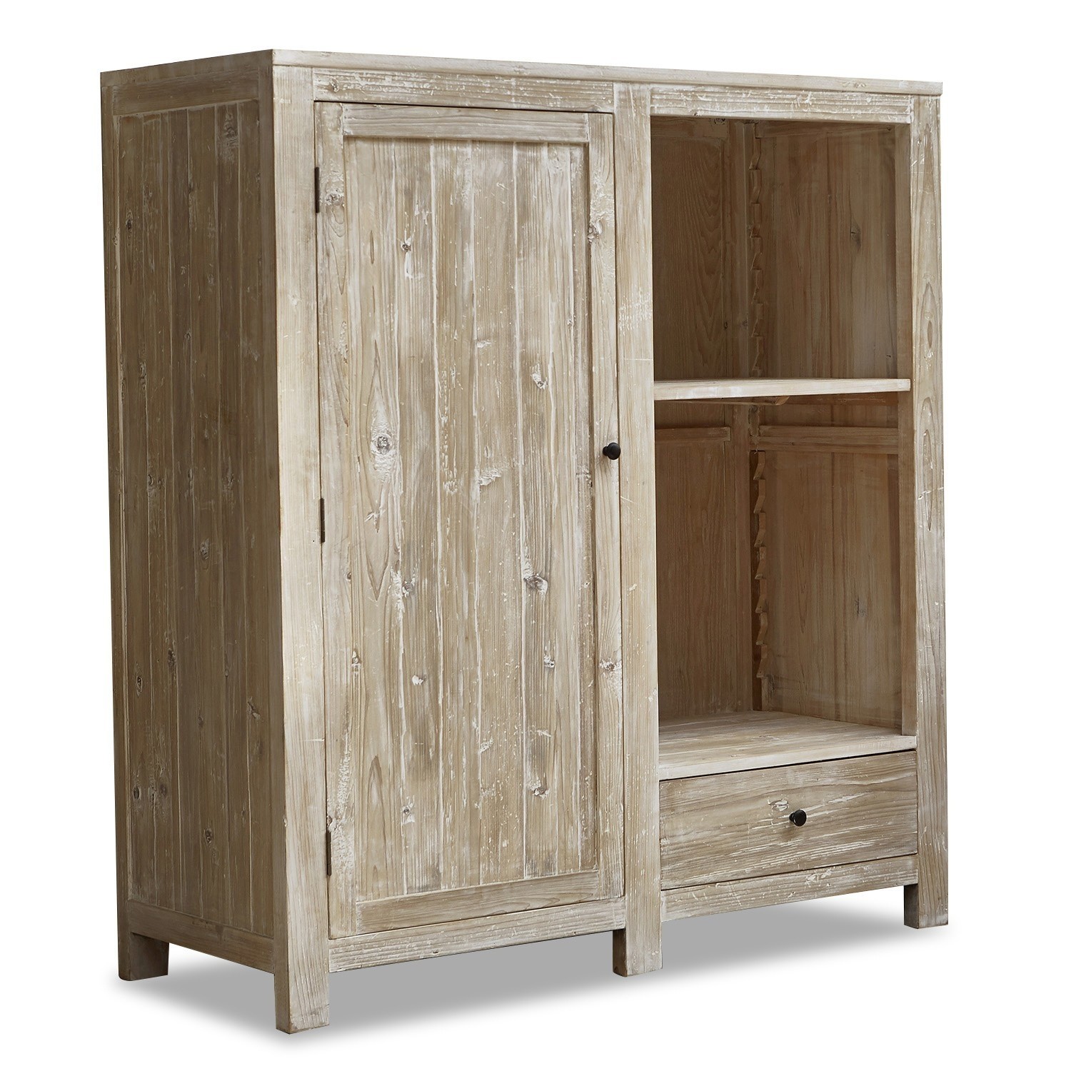 Helle Holzkommode mit Tür, Regalen und Schublade für Stauraum im Wohnzimmer