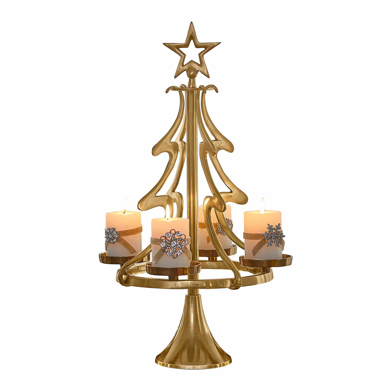 Adventskranzständer Gaetana Goldener Metall-Kerzenhalter in Tannenbaumform mit vier weißen Kerzen und Weihnachtsdeko