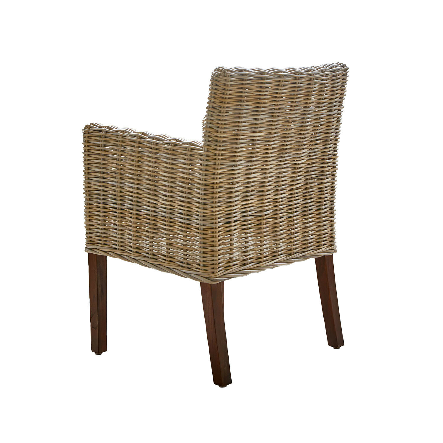 Stuhl aus hellem Rattan mit dunklen Holzbeinen, geflochtenes Möbelstück für Wohnzimmer oder Garten
