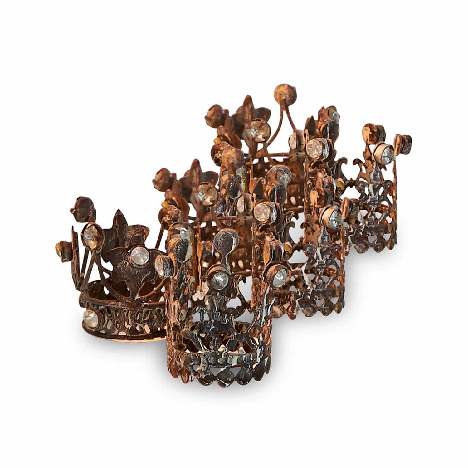 Deko-Krone 6er Set Margareta Drei metallene Kerzenhalter in Kronenform mit dekorativen Kristallen und Rostoptik