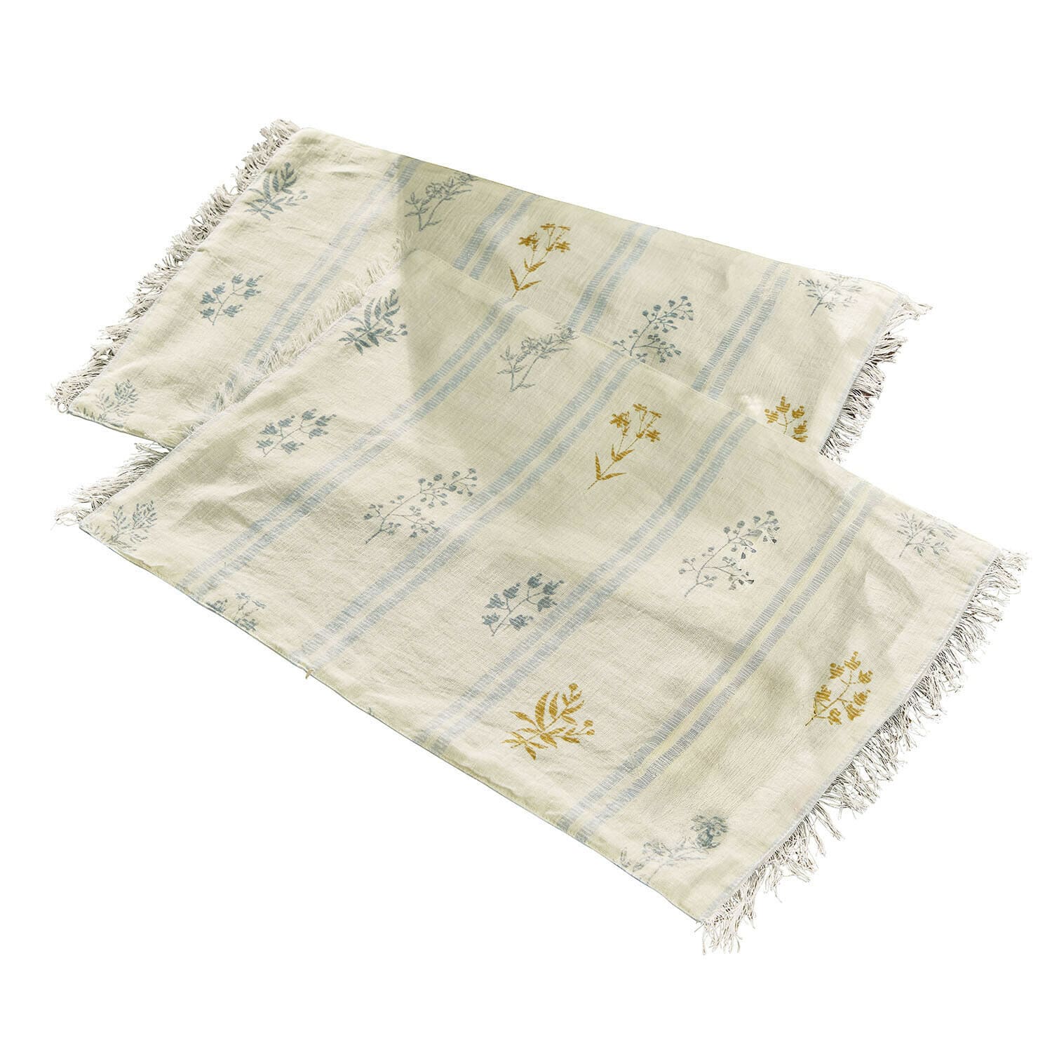 Leinentischdecke in Creme mit blauen und gelben Pflanzenmotiven und Fransen an den Rändern
